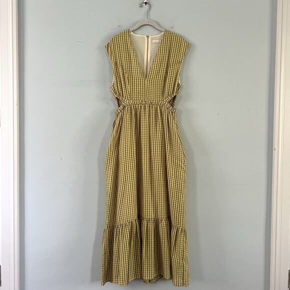 Marie Oliver Simone Lemongrass Yellow Plaid Cut Out Silk Blend Midi Dress - Picture 3 of 6